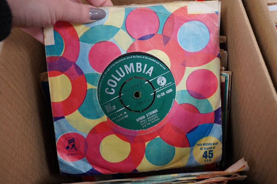 Three boxes of 7 inch singles, all on the Columbia label, artists include; Cliff Richard and the Drifters, the Tarriers, Benny Goodman, Doris Day, Eddie Calvert, The Animals, the Shadows, Kathy Kirby, Hank Marvin, The Ba